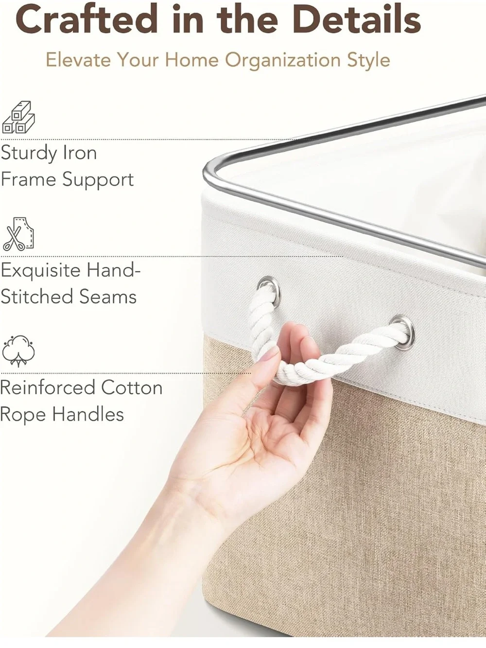 Set of 6 Two-Tone Beige and White Fabric Storage Bins with Rope Handles